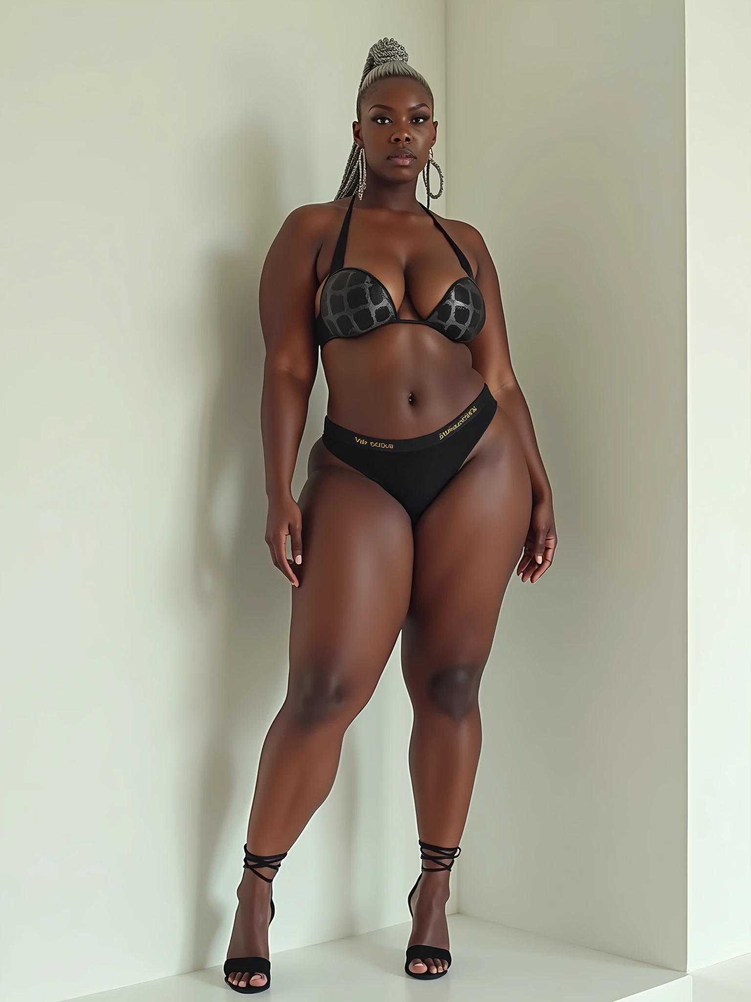 tiny tapered waist, MASSIVE protruding ass, dark skin, thin chest, Jawara Woman, big bulging ass, extremely tiny waistline, huge booty, flowing metallic fabric, eloquence, UHD, by Vogue magazine cover, no nudity