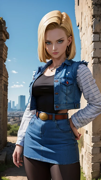 android 18, realistic 1.5, athletic body, breasts big, shorth hair loiro, blue colored eyes, waist belt, booties, tight blue denim skirt, golden necklace, black leotard, shorth hair, striped long sleeves, earrings, open vest, denim vest, cowboy photo, CityView, facing the front, (climate: windy), cute smile, long pantyhose, battle ruins, (RAW Photos, 8k Ultra HD, film grain)