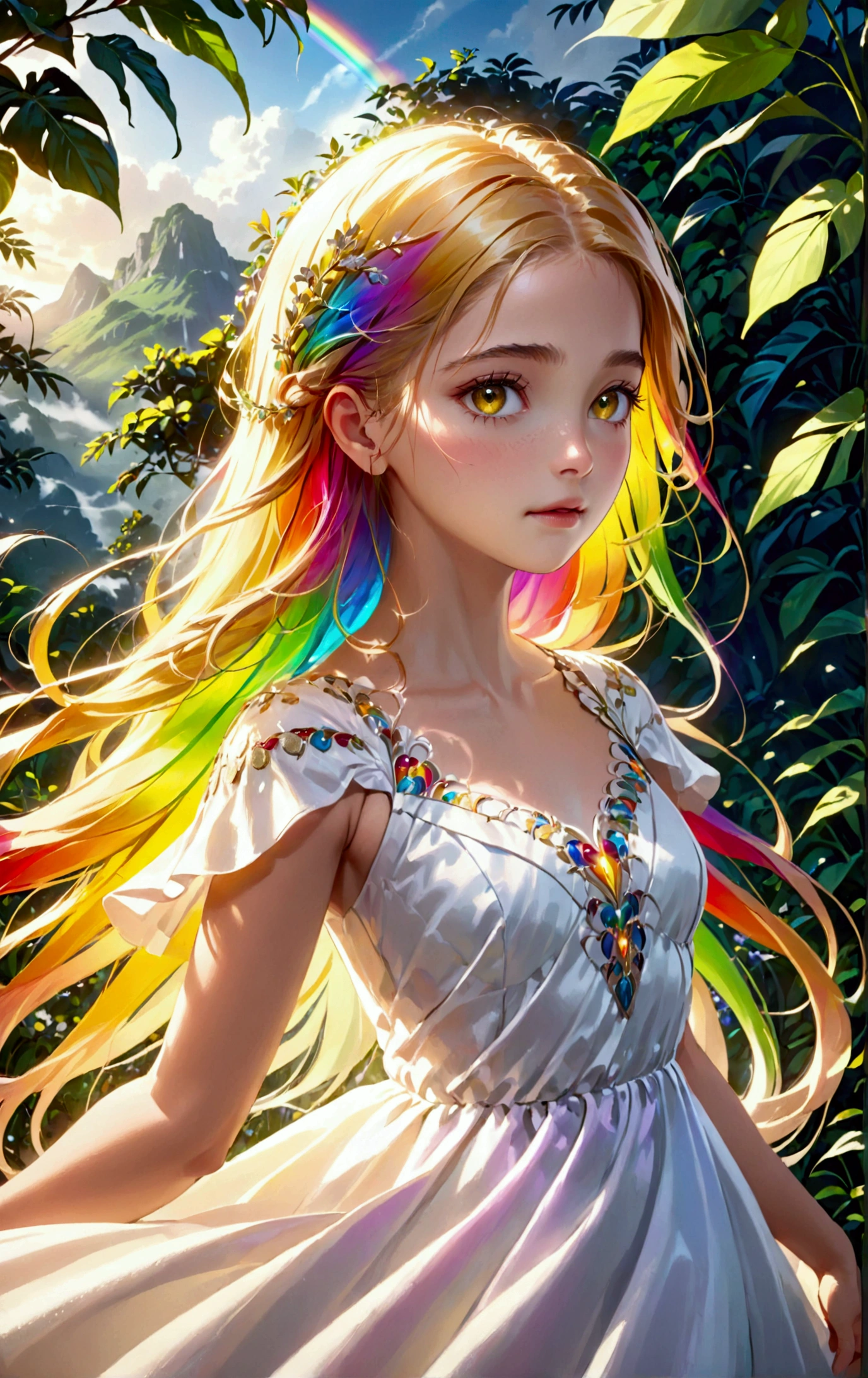 a beautiful, photorealistic illustration of a young girl with vibrant yellow or rainbow-colored hair, highly detailed, masterful, 8k resolution, cinematic lighting, dynamic pose, serene expression, intricate hair strands, glowing skin, delicate facial features, elegant dress, lush natural surroundings