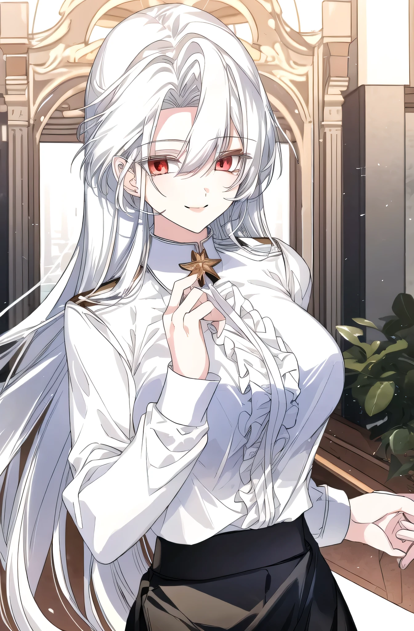 masterpiece, (best quality), 1girl , white hair, Raviel, red eyes, academy uniform, white shirt, black skirt, smile