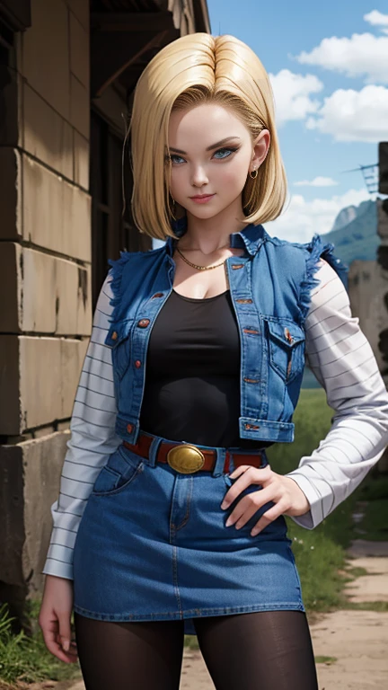 android 18, realistic 1.5, athletic body, breasts big, shorth hair loiro, blue colored eyes, waist belt, booties, tight blue denim skirt, golden necklace, black leotard, shorth hair, striped long sleeves, earrings, open vest, denim vest, cowboy photo, CityView, facing the front, (climate: windy), cute smile, long pantyhose, battle ruins, (RAW Photos, 8k Ultra HD, film grain)