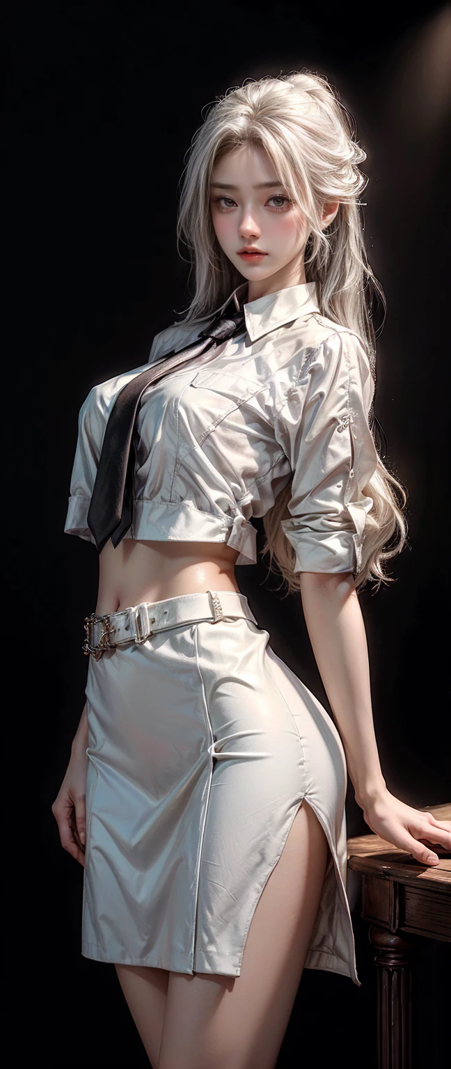 realistic, High resolution, soft light,1 female, alone, hip up, glowing skin, (detailed face),tattoo, jewelry, secretary clothes, white shirt, black skirt, black stockings, garter belt, night, blonde hair, wavy hair, Beautiful Soldier, Eyes that invite the viewer, spouse&#39;point of view, attractive appearance, sexy smile, perfect style, perfect balance, fine skin, naughty look, I can see your breasts
