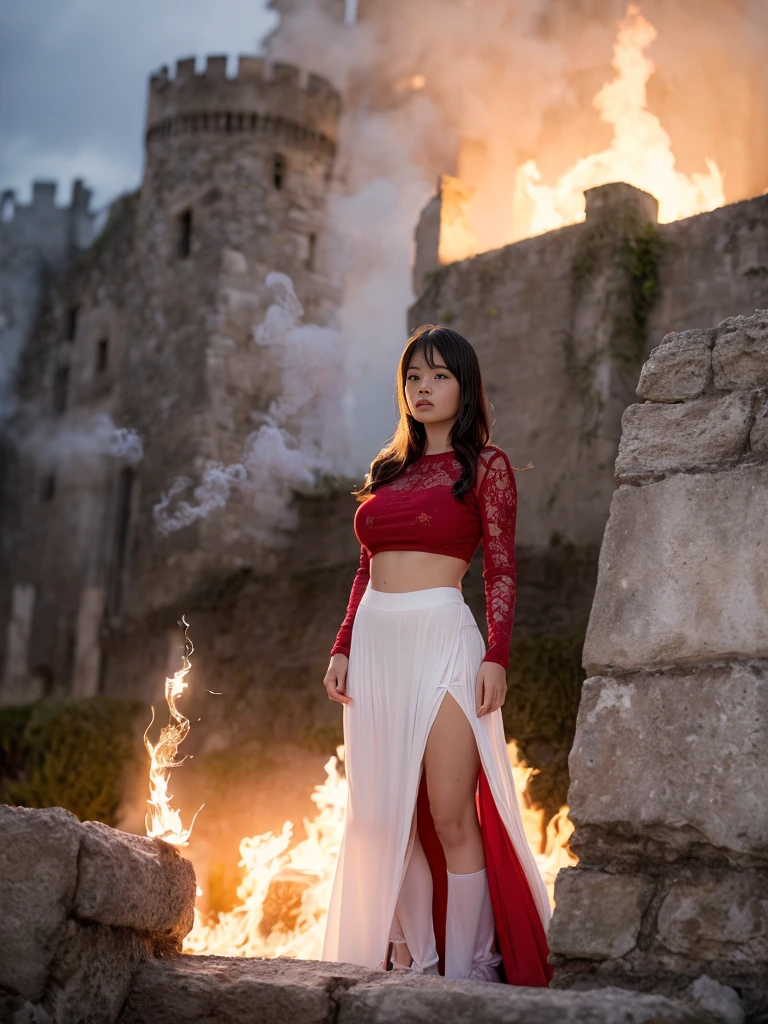 （Full body photo，Full-body display），((Great composition，Medieval battlefields，A woman wearing a loose white gauze skirt，Goddess of Fire，Behind her is a stone castle.，Shooting from below，Rich scene details，Smoke was floating everywhere，You can see a tall tower in the distance，The flames light up the sky red))，(Age 25，A solemn and stern expression，Protruding nipples),((Anatomically correct，8k, Very detailed, UHigh resolution, masterpiece, Very detailed, Attention to detail, high quality, Awards, 最high quality, High resolution, 1080P, High resolution, 4K, 8k, Accurate))