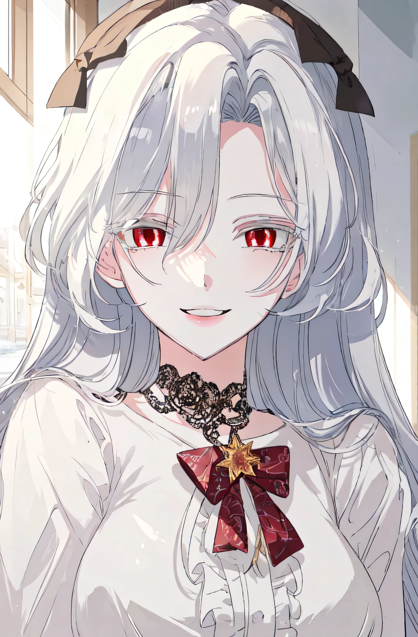 masterpiece, (best quality), 1girl , white hair, Raviel, red eyes, smile