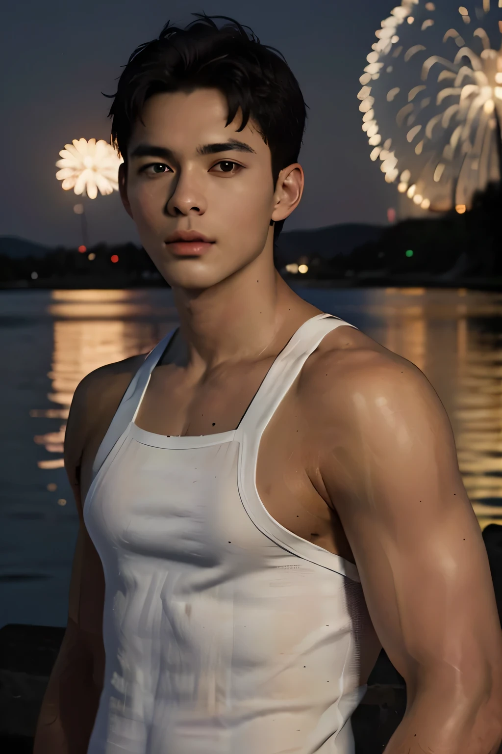 ((masterpiece)), ((best quality:1.2)), High Resolution, 8k, (ultra_realistic:1.3), (photorealistic:1.4), wallpaper, male focus, pbr, a portrait of a handsome young man, looking at the camera, photoshoot, wearing a squarecut tanktop, outdoors, dusk|twilight, fireworks, rural town near the water as background, ((sexy body))