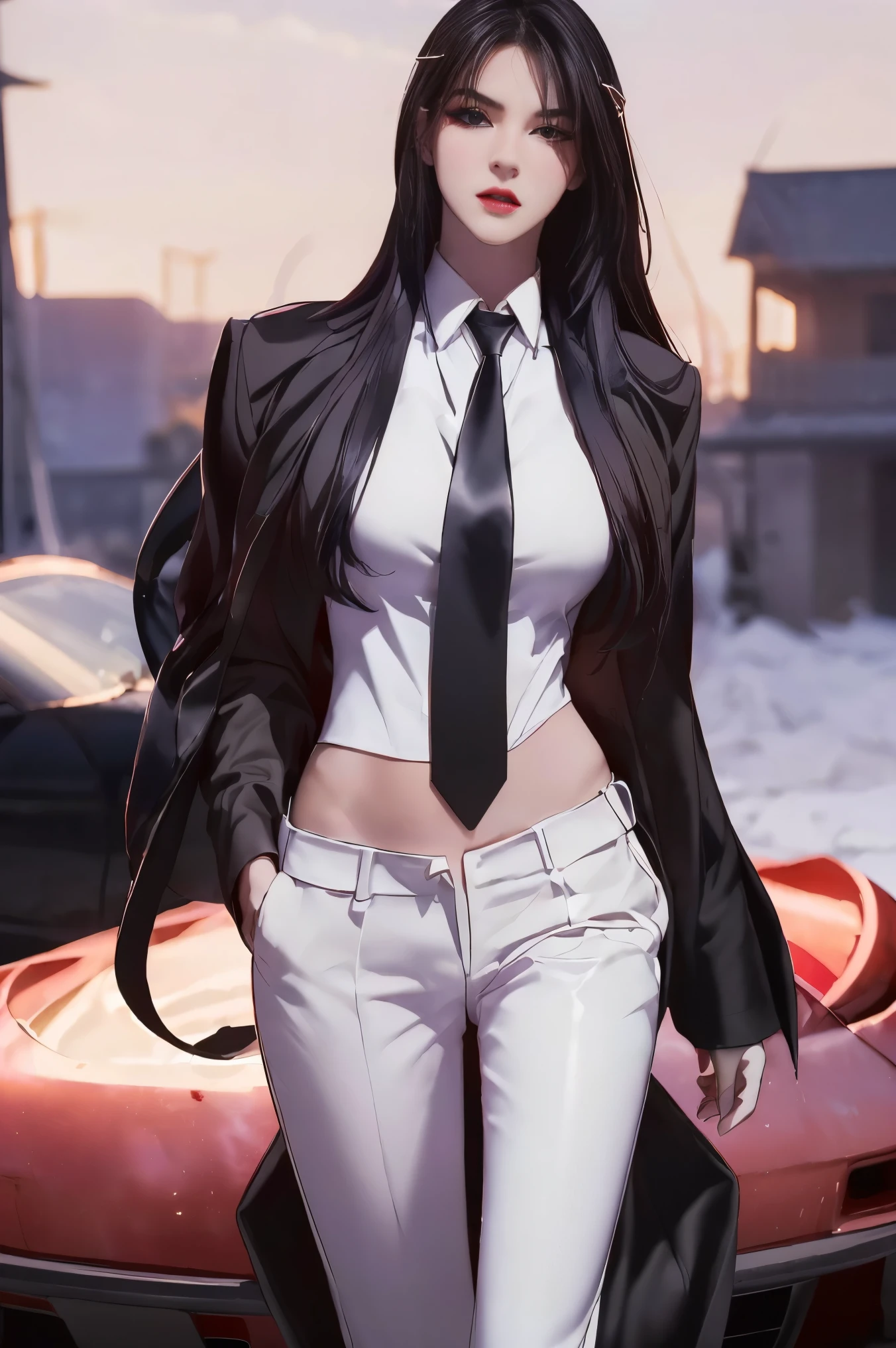 ((Masterpiece, best quality, very detailed), Volumetric light, surrounding occlusion, Rich and colorful, glow), 1 woman, , young girl, (Smooth black), long hair, radius, sacred, goddess, CEO Luke, (black suit, White shirt and red tie:1.3), armor, outdoor, sunset, sky, cloud, space, (Fantasy Theme:1.2),