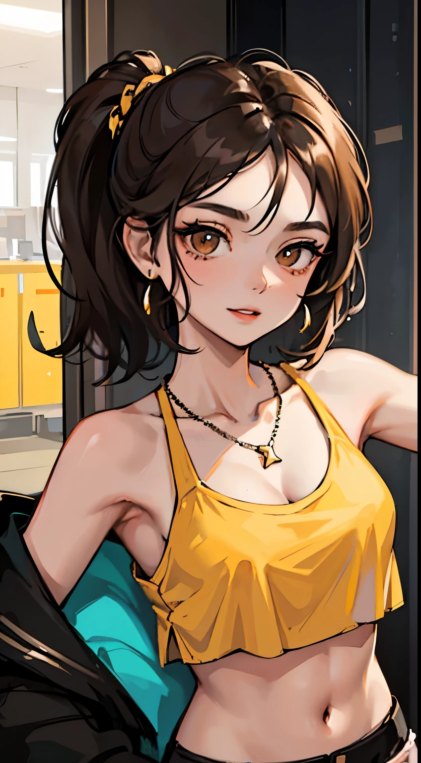 Amazing portrait of the upper body of a young woman who is 20 years old with a beautiful and highly detailed face and skin texture with fine brown eyes with double eyelid and thin eyebrows and glitter eyeliner with natural cheeks and shiny skin wearing an loose orange t shirt and yellow short shorts paired with a sparkly necklace and earrings with glossy lips parted in an enchanting smile with black short bob hair with focus on her chest and face with this upper body shot and her t shirt showcasing her bare shoulders and small breasts