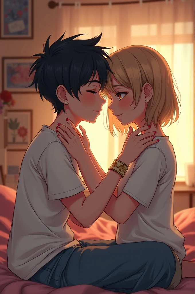 Two cute anime femboys cuddling