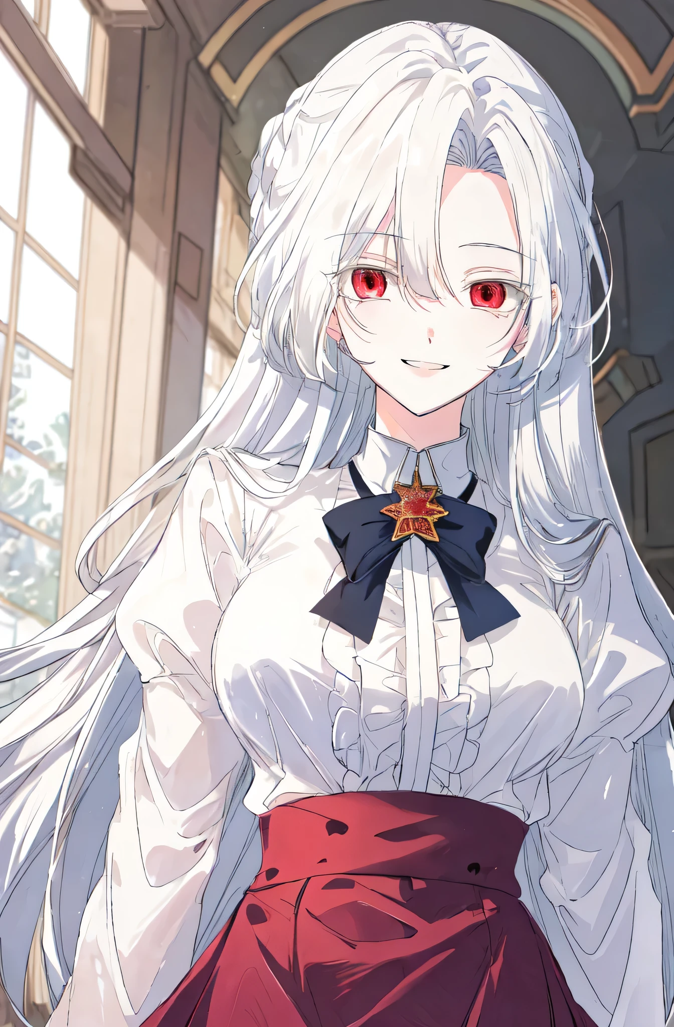 masterpiece, (best quality), 1girl, academy uniform, white hair, Raviel, red eyes, smile