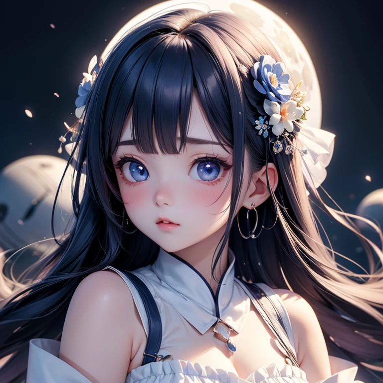 , High resolution, masterpiece, best quality, dark blue hair, Transparent white gauze , big blush, shy, Gradient eye color, Eyes have light spots, sweat, A seductive expression, Audai, High resolution, full moon, Whale face, hairpin