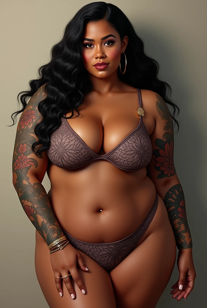 Nude, full-figured white long hair black woman with a sensual, pensive facial expression and a voluptuous, curvy, busty, figure covered in elaborate industrial-punk-inspired body art, camera from bellow, POSING sensual with legs spread open, belly exposed, curvaceous body, legs spread, full-figured form is adorned with intricate mystical body art tattooed, futuristic city at night with fog and wet streets, setting with soft, natural lighting, ancient temples in ruins