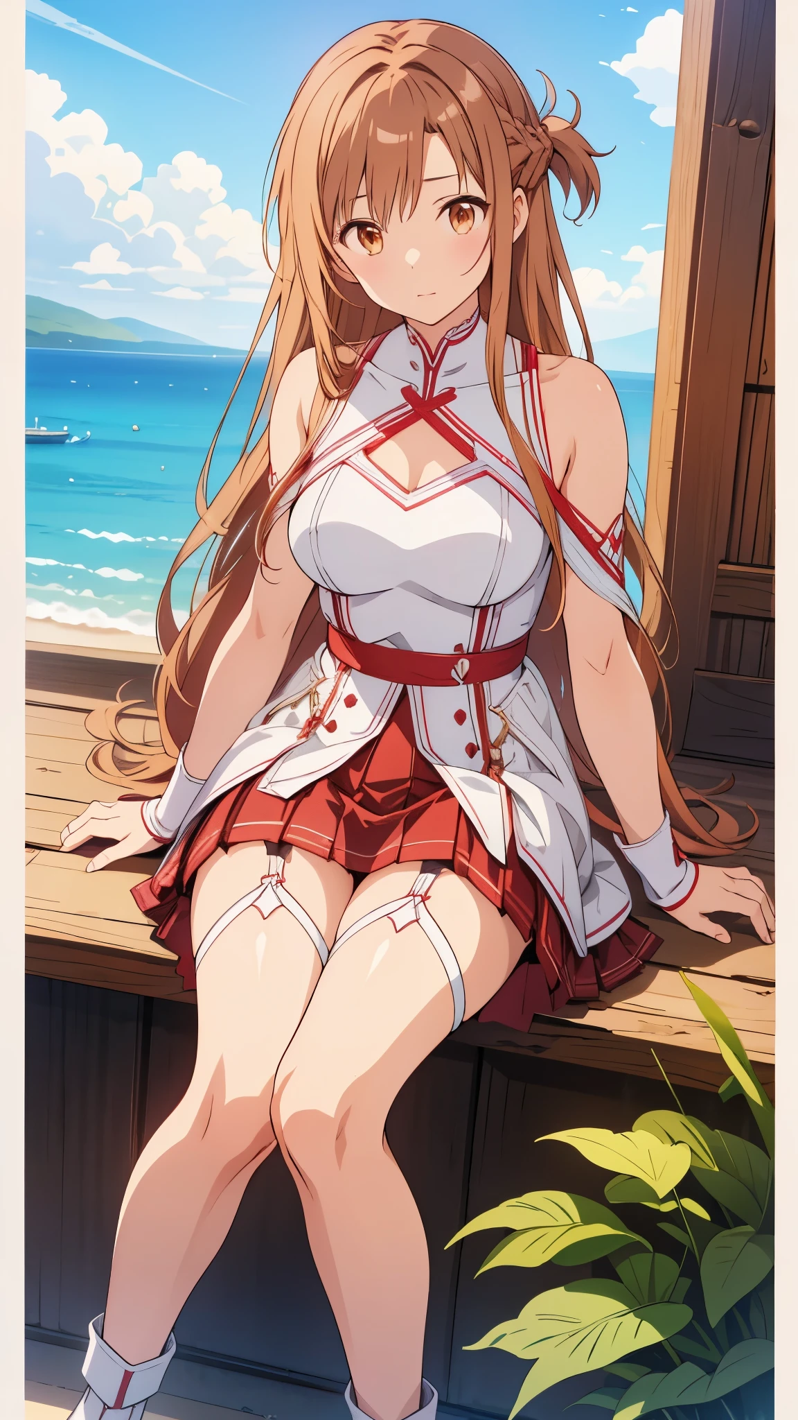 stacia, asuna, asuna_\(sao\), 1girl, (sexy pose:1.4), fantasy, highres,  looking_away, looking_to_the_side,  original, realistic,  scenery,  close_up, upper_body, (draw sword:1.5), smiling, solo, (potruding nipple:1.2), long hair, (huge breasts:1.3), looking at viewer, smile, open mouth, bangs ,detailed eyes, beautiful background, (summer, beach), hands on the chest, orange hair, thighhighs, gloves, dress, (cleavage:1.4), bare shoulders, brown eyes, very long hair, standing, (full body:1.5), white gloves,  white dress, armor, white thighhighs, garter straps, breeze, white armor,  abec, nsfw