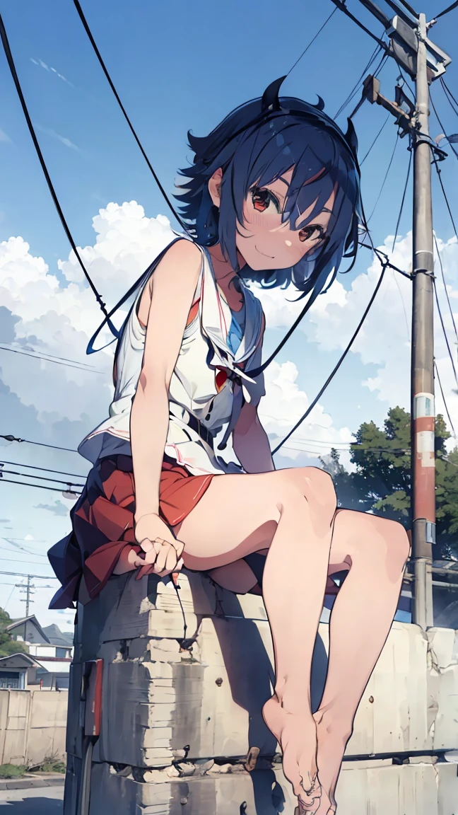 masterpiece, Highest quality, High resolution, Very detailed,(((Mikoto Naruka))), (((Sitting far away))), (((blue sky))), (((electric wire))), (((Electric pole))), (((barefoot)))