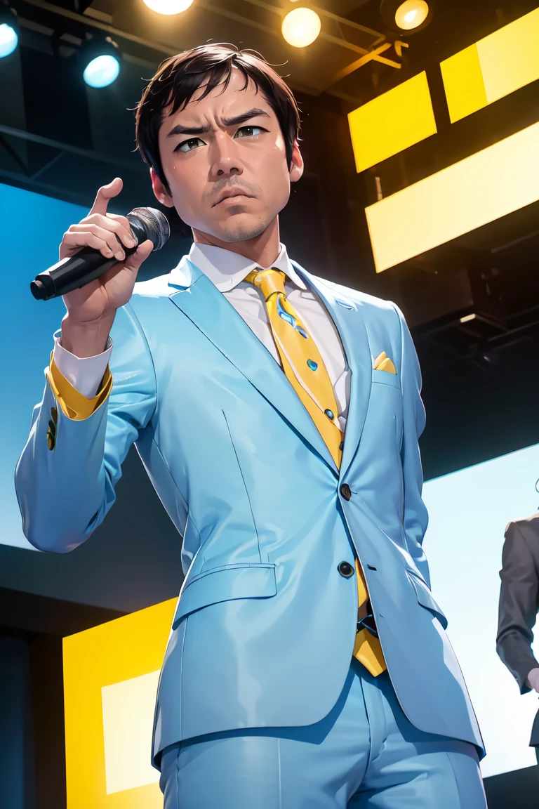 male, solo, ((Light blue suit))、((Yellow Shirt)),  Iris、Black Hair、Thinning hair, 7:3 part hairstyle, Frowning、Big nose、Thick lips、microphone、speech