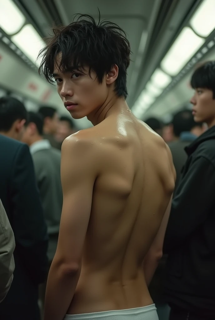 Realistic、beautiful、1boy、 Japanese male、Handsome、Completely naked、Full nudity、Sad look、Hide your crotch with both hands、Inside Starbucks Coffee、Next to me is a fat old man in a suit