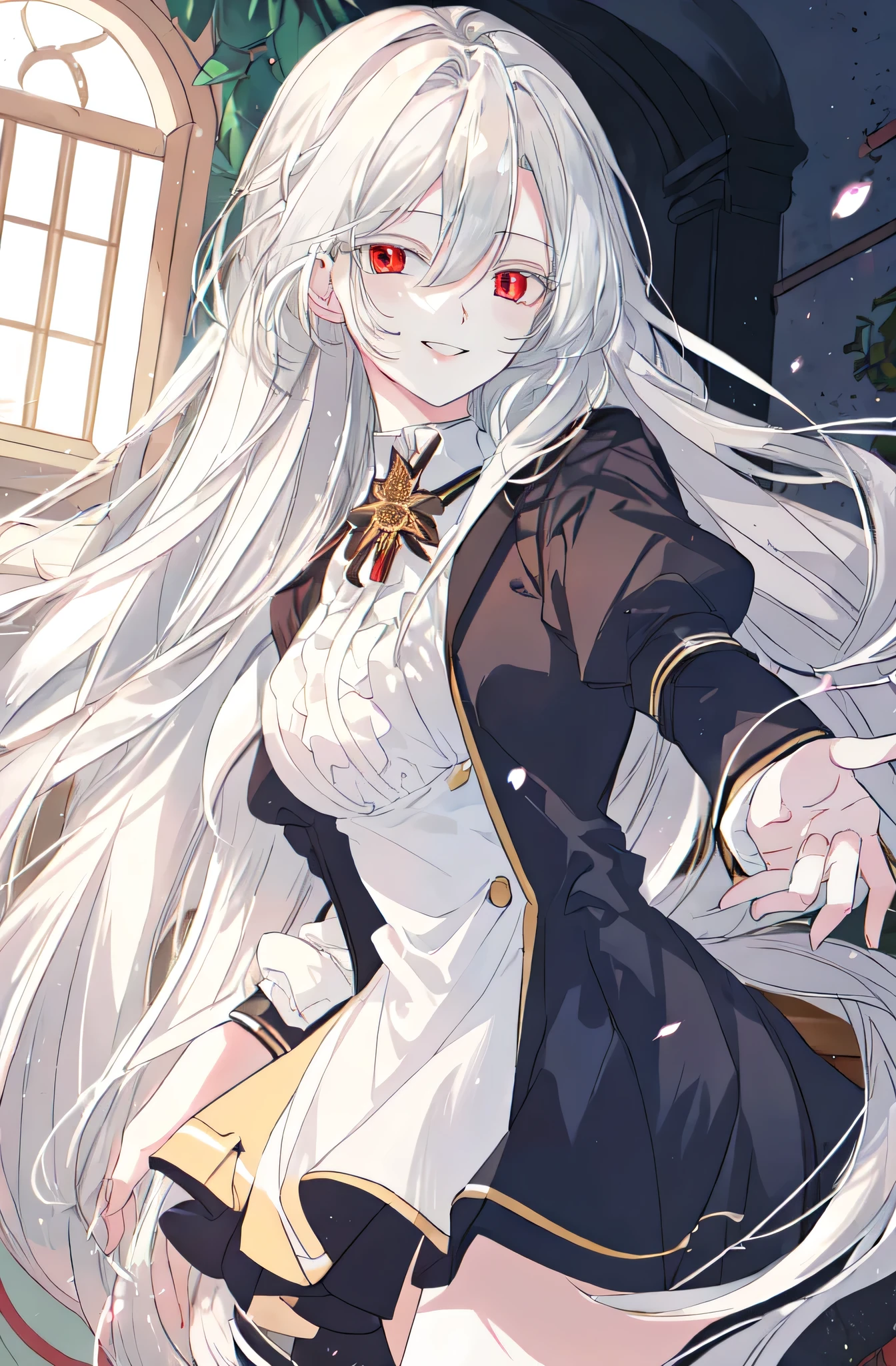 masterpiece, (best quality), 1girl, academy uniform, white hair, Raviel, red eyes, smile