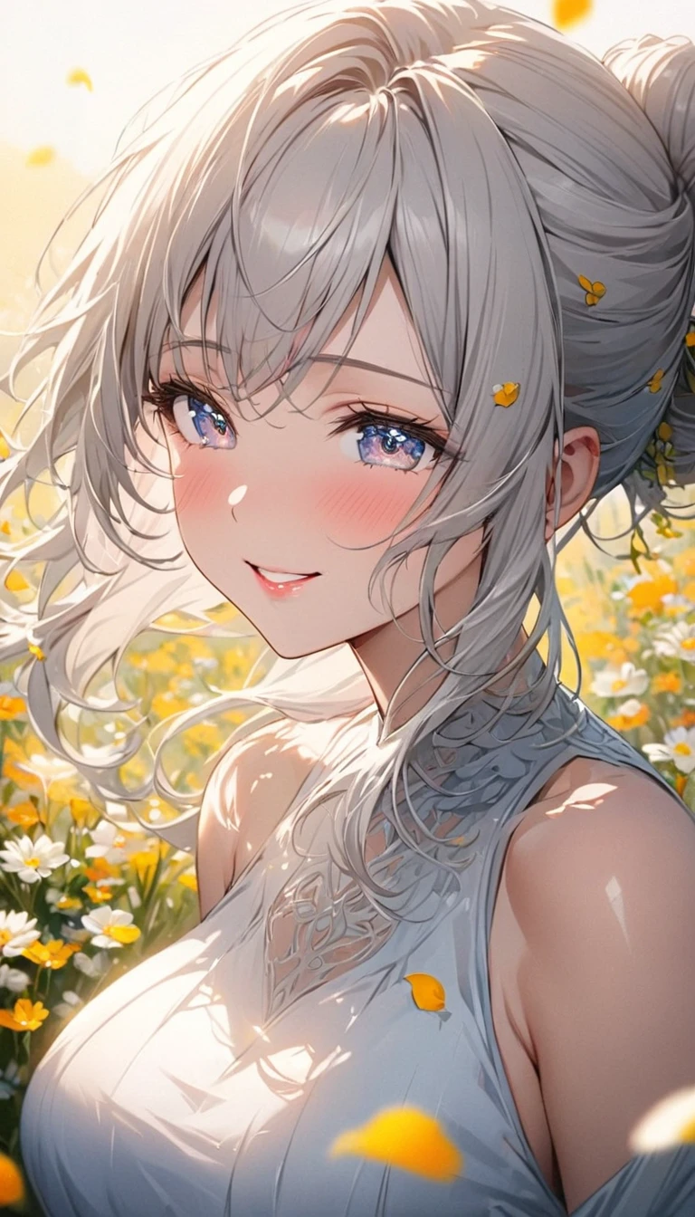 best quality, high-resolution,ultra-detailed,portrait, intricate white long dress, ((modest dress)), standing,flowers field,silver long hair,bun hair,smiling woman,close up to abs, ((moderate breast)), beautiful detailed eyes,beautiful detailed lips,flower petals on air,bare shoulders,vivid colors,studio lighting,soft sunlight, happy face, ((cleavages:0.6)), half body，Timid expression