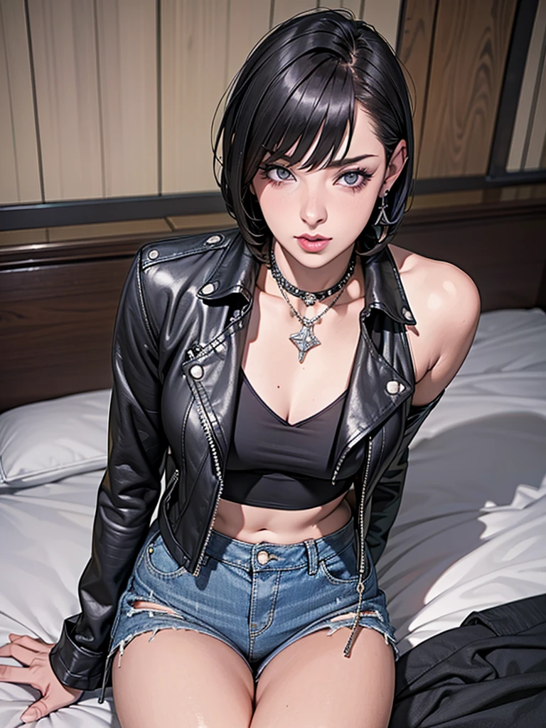 1，Black short hair，Photorealism，detailed，masterpiece， (Lean), Young Girls，Denim shorts、Dark leather jacket，1，aldult, (Punk Girl)，Earrings、Lip Studs，Dark eyeshadow，high quality，Sitting on the bed，High resolution 4K information,Hospital Ward，Cold，The lens is from the bottom up，