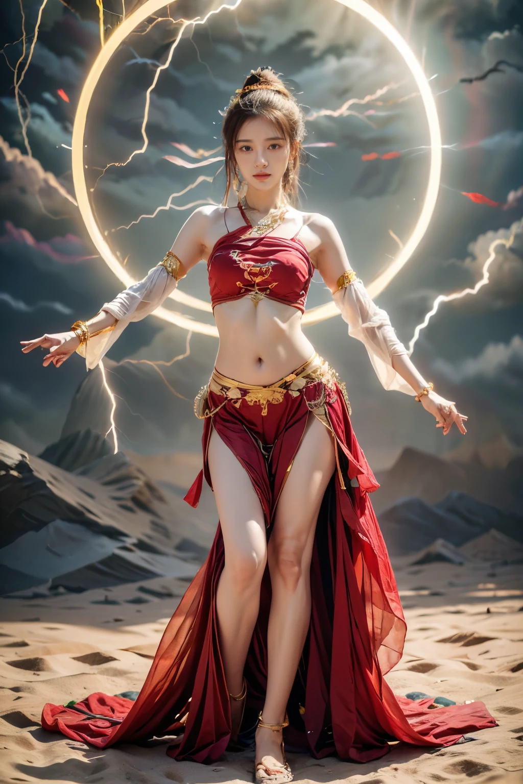 master piece,(Best Quality:1.3),超A high resolution,Raw photo,Detailed skin,Beautiful lighting,(Realistic, Photorealsitic:1.4), dunhuang, 1girl in, Full body,Unevenness of the skin, Beautiful expression、A detailed face、perfectly proportions、Perfect growth,small breasts thin waist、Navel、Crotch gap、thighs thighs thighs thighewitching、Attractive woman, A sexy, dunhuang_Background,(Dynamic Poses:1.2), fly, Vivid costumes、lightning bolt、Thunderbolt、Sateen,8 heads,She's so thin and light that she floats in the air.,Flying in the air,It's light so it floats in the air with ease,A bird's-eye view of the lives of people on the ground,