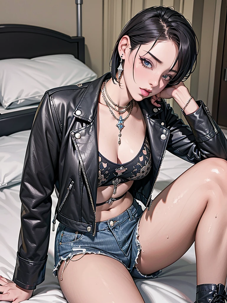 1，Black short hair，Photorealism，detailed，masterpiece， (Lean), Young Girls，Denim shorts、Dark leather jacket，1，aldult, (Punk Girl)，Earrings、Lip Studs，Dark eyeshadow，high quality，Sit on the edge of the hospital bed，High resolution 4K information,Hospital Ward，Cold，The lens is from the bottom up，