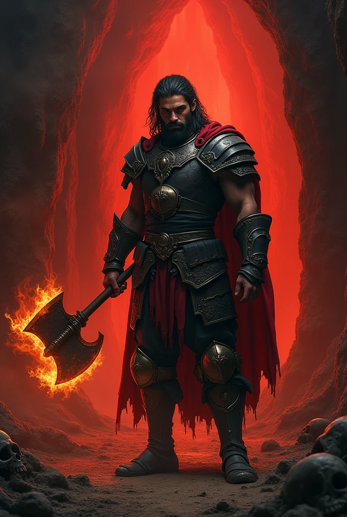 Male warrior, chain mail armor, leather shoulder pad, adorned with fur pelt, horned helmet, fire-lit environment, dark shadows, realistic oil painting by Simon Bisley, Julie Bell, 16-bit pixel art, high saturation, HD, high contrast, dramatic lighting, intricate detail, moody atmosphere, dynamic composition, medieval weaponry.