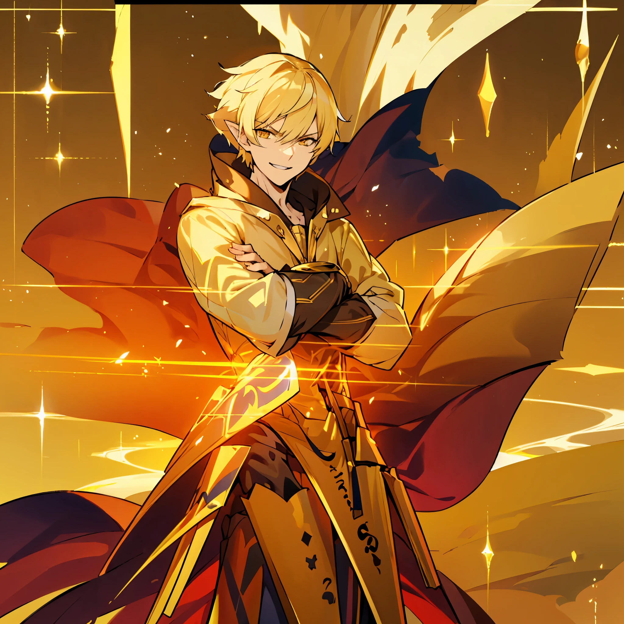 elf, man, male, intelligent, grinning, arms crossed, standing, very short hair, short hair, blonde, golden eyes, slant eyes, sanpaku, pale skin, toned body, gold background, outside, on the salt flat, fantasy, beautiful, coat, straight hair, gilgamesh, pointy ears, golden eyes