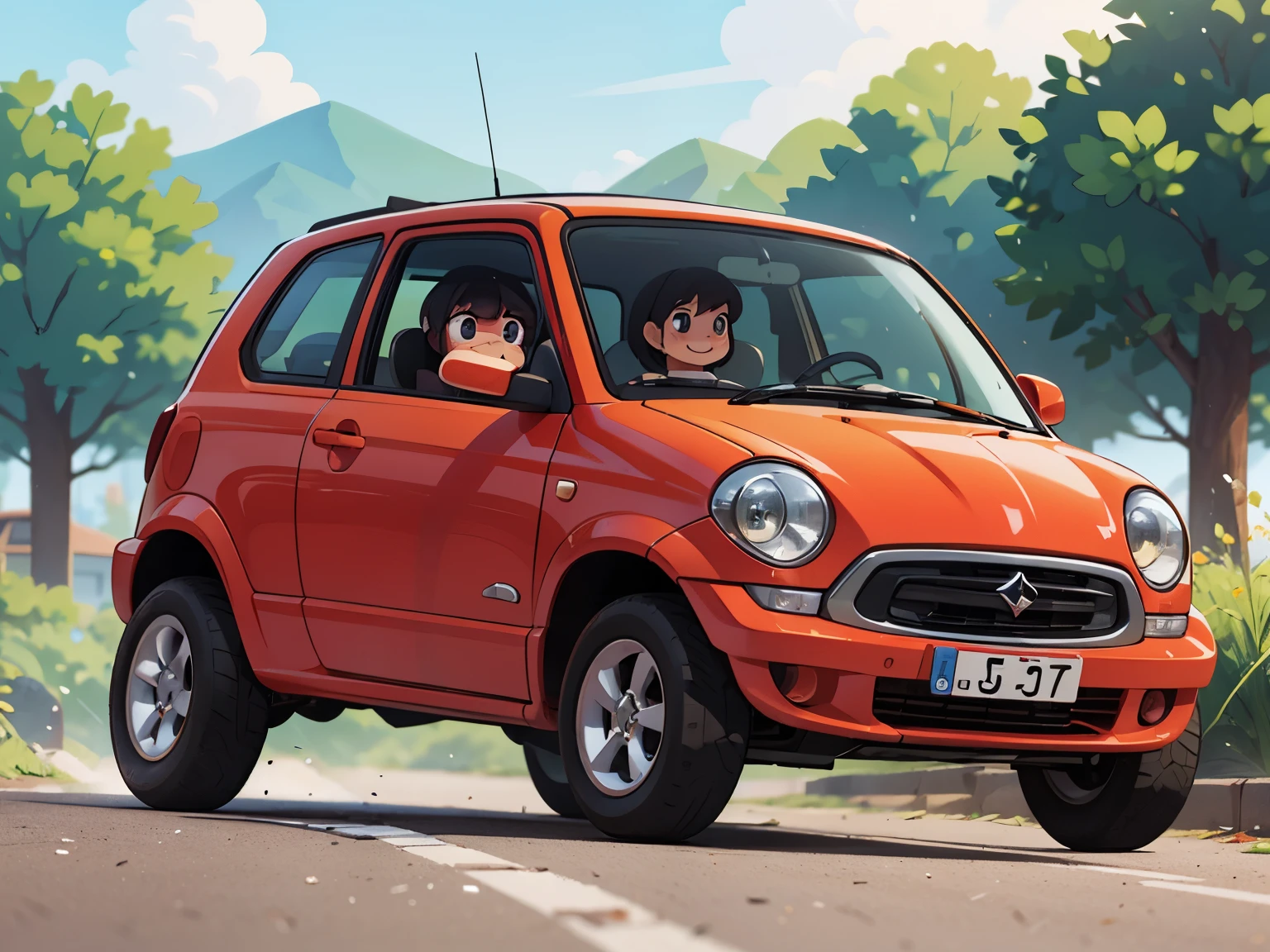 Octane Rendering、(Hyper Detail: 1.2)、(Soft Light、sharp: 1.2)、morning、countryside、A very small old red modified minicar，Front spoiler，Rear wing，Over fender，Sports Muffler，Very short dress、Cute young girl，Driving a car，Dynamic Driving Experience，street，countrysideのライフスタイル，Fast and Agile，Nimble handling，Do a four-wheel drift，sneakers，Anatomically correct，Laughter，Dazzling Light，It will happen:1.2，Tamiya box art:1.2，