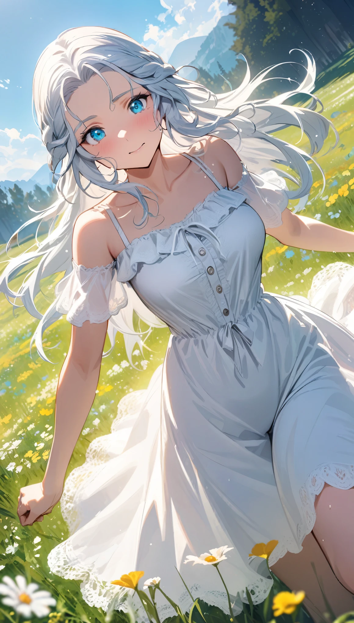 Anime girl in white dress walking in a field of flowers - SeaArt AI