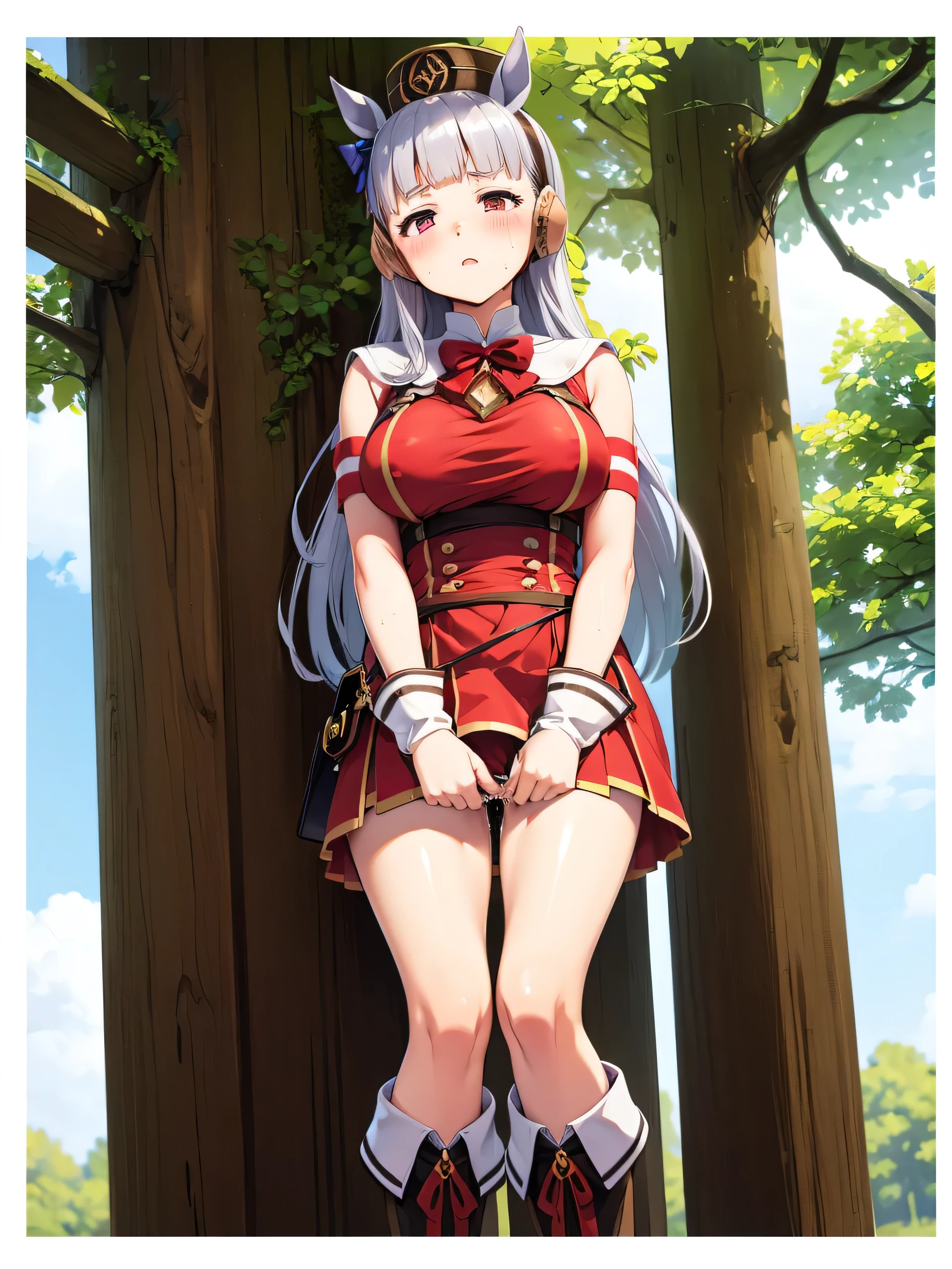 Dark color depiction、、ergarteners、、、chilldの小さなsterpiece, Highest quality:1.2), alone, One girl, umpd gold ship, pillbox hat, Red dress,No sleeve,skirt, boots, Horse tail, blush、in the forest、Pussy、Thick white love juice、Drip a large amount of love juice、Background Nature、Intense masturbation、Intense masturbation、blush、Sweat、Pleasure、orgasm、Pee、incontinence、Pussyに指を入れる、Touching the groin、Clothes are see-through、Pussyをいじる、Pussyを穿る、Climax、To convulsions、Feels good、heart、Nipples are visible through the、Be in heat、stand up、Cute Underwear、Seduce、Cute Bra、Stand with knees bent、From below