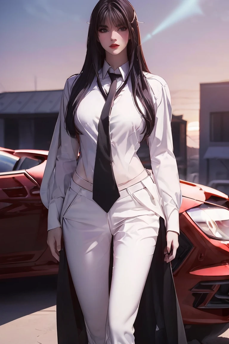 ((Masterpiece, best quality, very detailed), Volumetric light, surrounding occlusion, Rich and colorful, glow), 1 woman, , young girl, (Smooth black), long hair, radius, sacred, goddess, CEO Luke, (black suit, White shirt and red tie:1.3), armor, outdoor, sunset, sky, cloud, space, (Fantasy Theme:1.2),