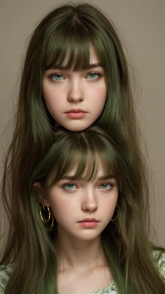 a girl. European. Extremely detailed face. Oval face. Delicate facial features. Half-closed eyes. Long straight hair. Messy hair. Bangs. Green hair. Green eyes. earrings. sad. angry