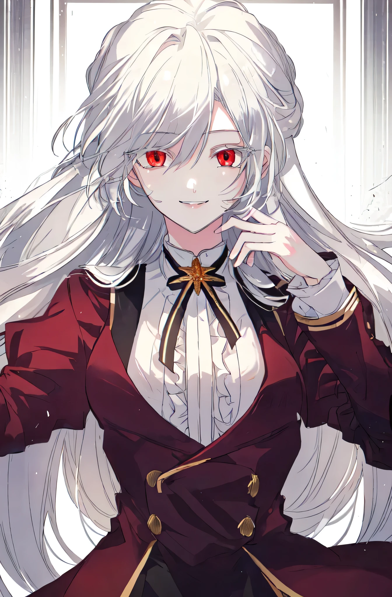 masterpiece, (best quality), 1girl, academy uniform, white hair, Raviel, red eyes, smile, upper body 