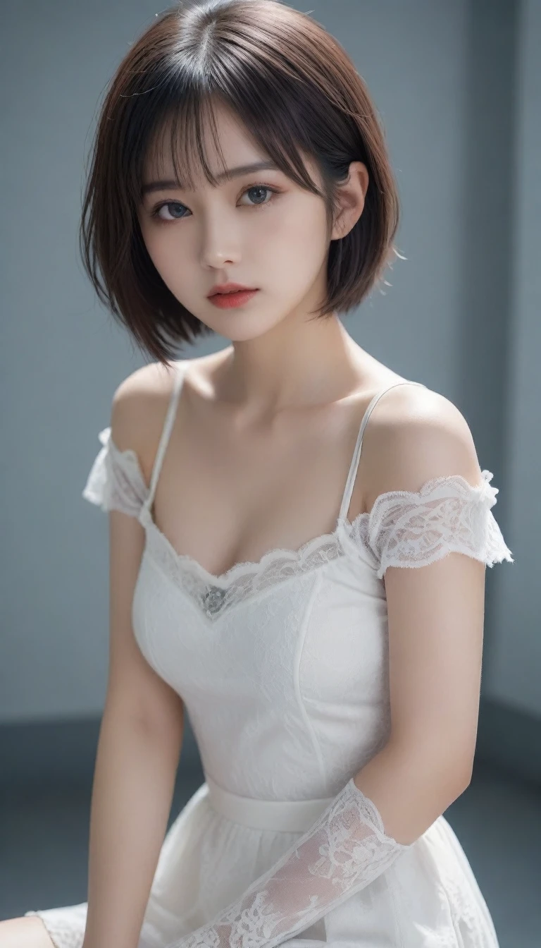 8k, Ultra-high resolution, Highest quality, masterpiece, 三分割法によるphotograph,Surreal, photograph, 1 Girl, (16 years old:1.3), pretty girl, Cute Face, Beautiful eyes in every detail, 細かくdetailedに,masterpiece,One Girl:1.2,Japanese female announcer,upper body,Serious expression,Black short hair,Bob with bangs,White lace lingerie, See through, Look forward, Standing posture, Opposition, Dynamic Lighting,Hotel room、 Sharp contours, Light from above, Low contrast, (Side view),Perfect and beautiful face ,完璧でCute Face, Skin with attention to detail, Perfect limbs、Narrow waist,Looking at the audience,(((Ideal body type))),A cup small breasts :2,Portraiture:2,Perfect Anatomy,鮮明なdetailed,detailed,Surreal,Light and shadow,stage lights
