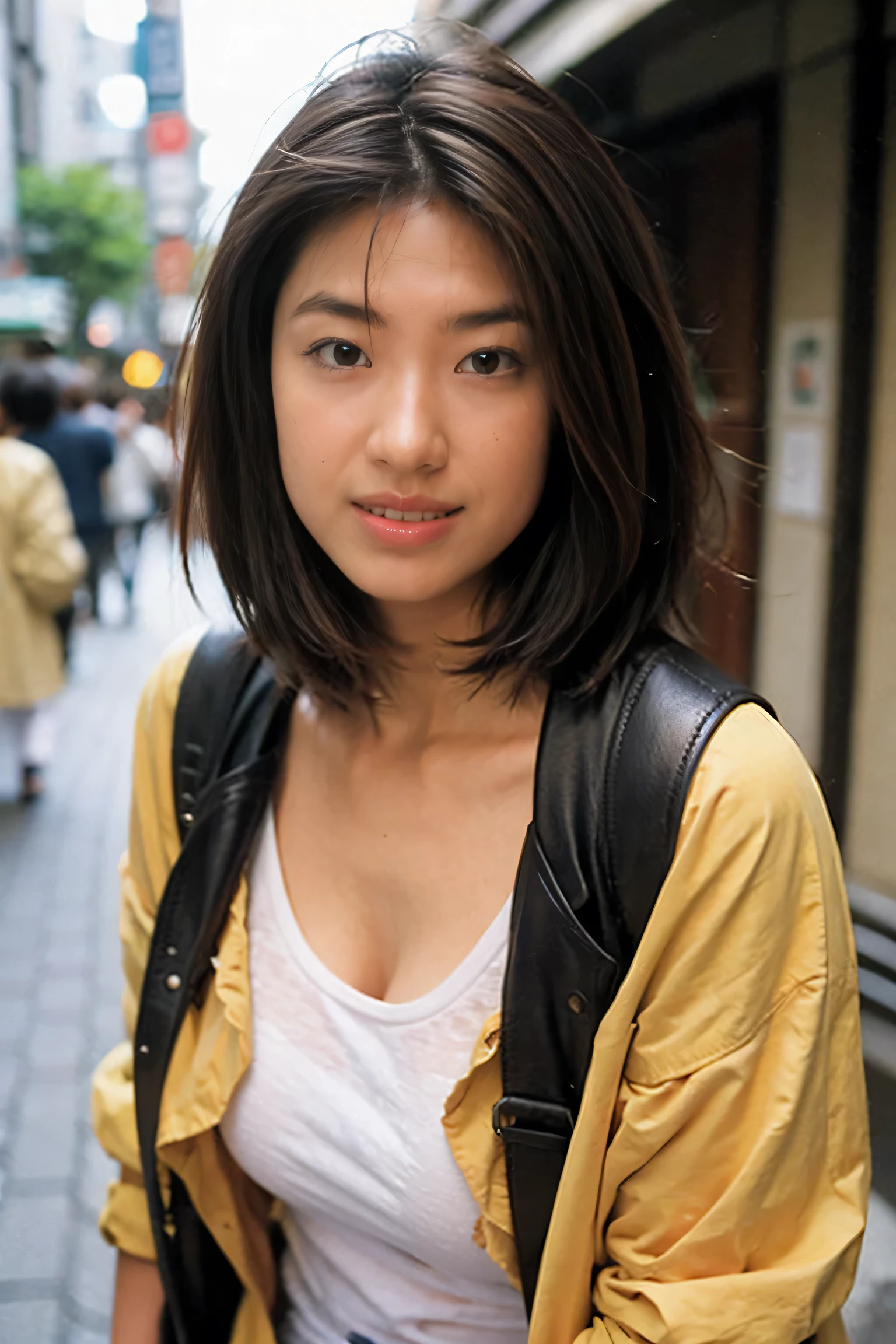 Very detailed CG Unity 8k wallpaper, Highest quality, Very detailed, masterpiece, Realistic, photo Realistic, Very detailedかわいい***,Short Bob、(jacket_Good:1.2), blush, Lips parted, View your viewers , upper body  ,laugh out loud, (crowd), (On the streets of Tokyo) 