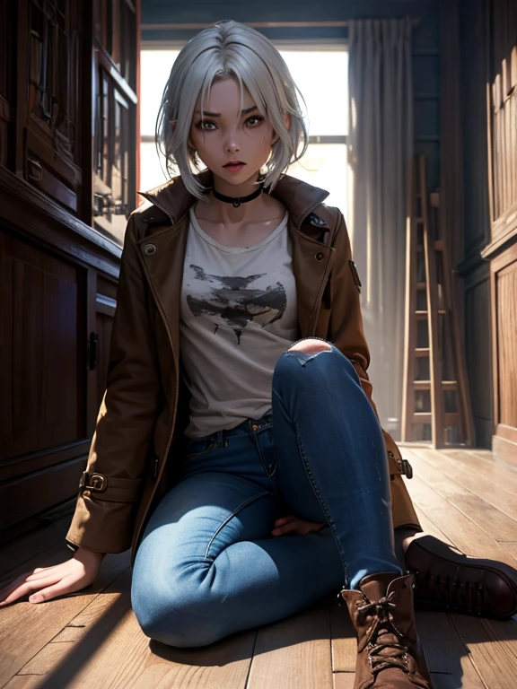 (suspense scene ((CONCEPT ART)), extremely detailed with a girl wearing jeans with brown coat and boots), (better lighting, better shadow, an extremely delicate and scary), (digital illustration), ((4k painting)), [(dynamic angle,((1girl)),white hair, (beautiful face, perfect face, scared,) expression of fear, torn clothes, a gun in hand, sitting on the floor, darkness, scary house),  [:(dark, mysterious, game paint, sinister setting, jagged corridors, big house, deadly silence):]