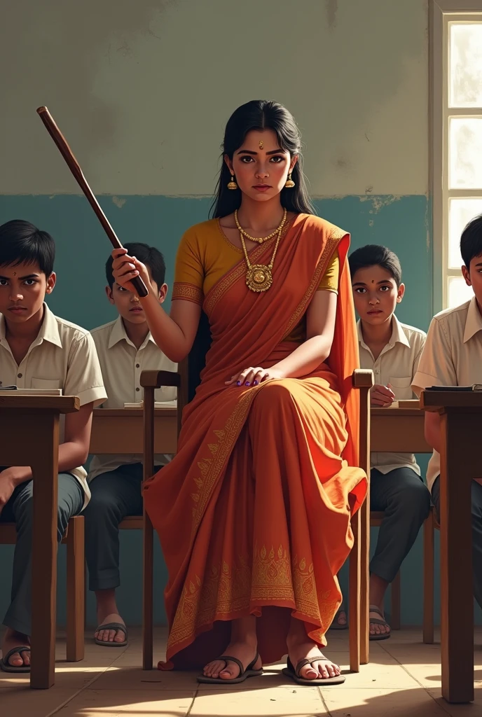 Indian school boys kneeling down on floor. Lady teacher wearing a saree holding a cane in her hand punished them while sitting on chair. Other students sitting on benches.