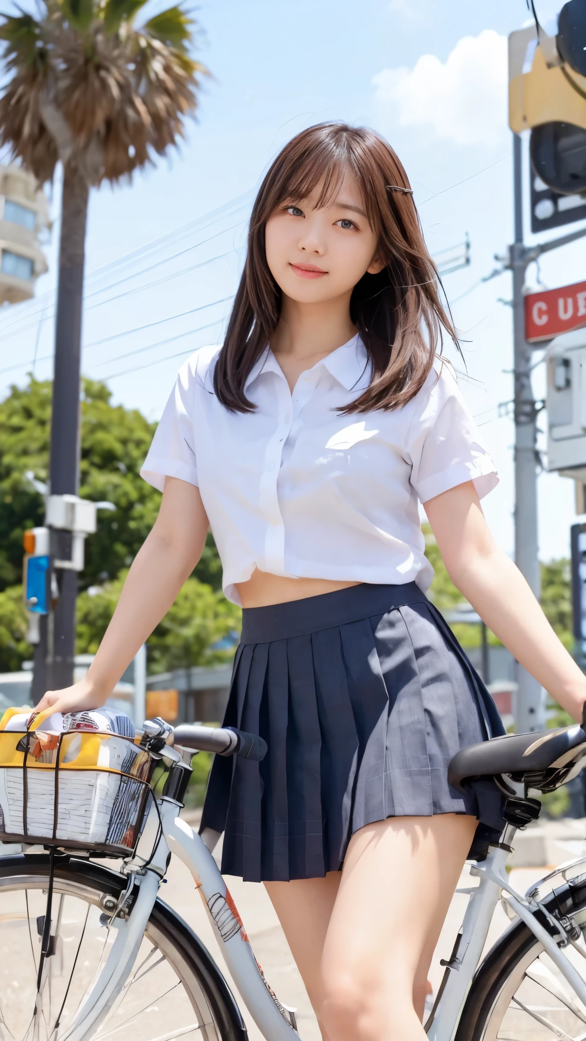 (Straddling the bicycle saddle、Japanese high school girl waiting at a traffic light)、Short sleeve white shirt、Hands on the wheel、Her bra is visible from the cuffs of her short sleeves、Plaid mini pleated skirt、Dark brown bob hair、Medium Hair、Straight hair、smile、Stretching his legs out on the curb、Her long, slender legs are beautiful、Well-proportioned physique,、Wear loafers、A gentle breeze blows and flips my skirt、((I can see your cotton panties.))、Back view at the intersection、(((Angle from below)))、Beautiful blue sky and white clouds、(Highest quality, masterpiece, High resolution)、8k、wallpaper、Her short skirt is lifted up to reveal her white cotton panties.