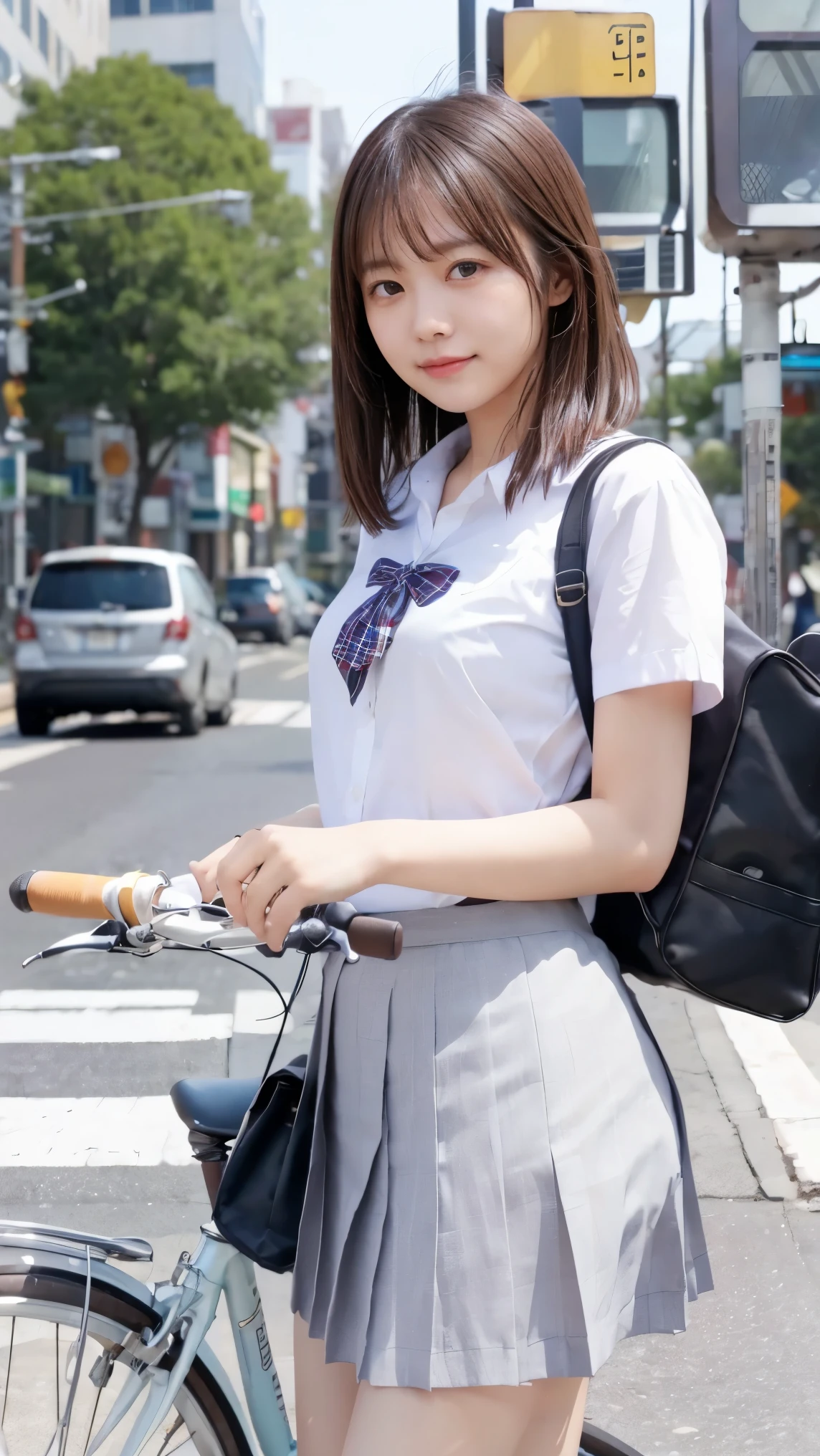 (Straddling the bicycle saddle、Japanese high school girl waiting at a traffic light)、Short sleeve white shirt、Hands on the wheel、Her bra is visible from the cuffs of her short sleeves、Plaid mini pleated skirt、Dark brown bob hair、Medium Hair、Straight hair、smile、Stretching his legs out on the curb、Her long, slender legs are beautiful、Well-proportioned physique,、Wear loafers、A gentle breeze blows and flips my skirt、((I can see your cotton panties.))、Back view at the intersection、(((Angle from below)))、Beautiful blue sky and white clouds、(Highest quality, masterpiece, High resolution)、8k、wallpaper、Her short skirt is lifted up to reveal her white cotton panties.