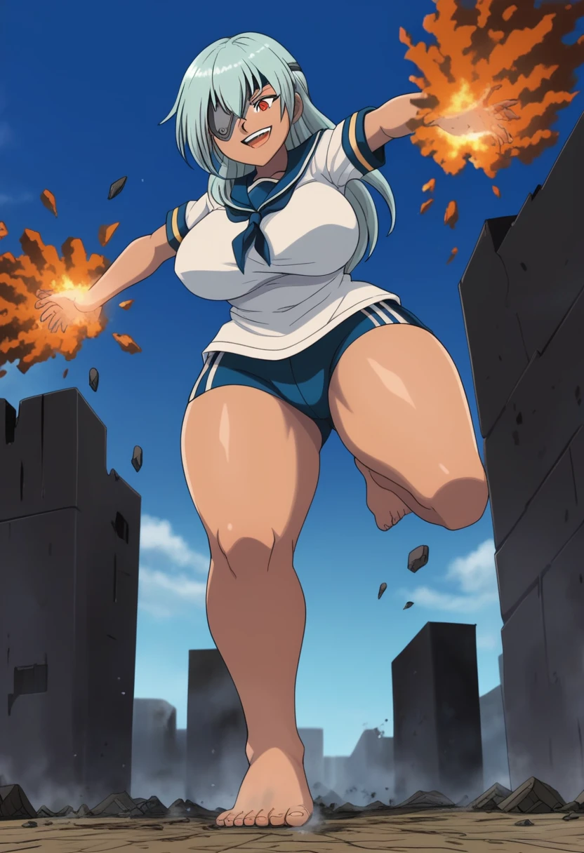 best quality, 8K, ultra-detailed, detailed face, detailed eyes, retro anime style, cartoon style, front view, dynamic effect, dynamic shot, 

athletic curvy physique, inverted body type, attractive feminine curves, big breasts, curvy legs and arms, feminine curvy figure, (thick thighs, thick calves, thick voluptuous legs, big curvy hip, bare knees), ((style of plump voluptuous body)), 

navy over-the-calf socks, navy track buruma, white sailor uniform, white short-sleeved sailor shirt, high socks, 
light blue long hair, red glowing eyes, one eye covered with eyepatch, 

1 beautiful giant woman, looking down with evil smile, smirk, (running, sprinting very fast, spread arms up behind back, chasing mini people around her feet), rampage, corrupted city, destroyed buildings, corrupted buildings, rolling rubble dust up, her foot crushing mini people on the ground, crushed mini people under her foot, scattered rubble around her feet, towering, overwhelming, terrible, stepping, footprints, destruction, ruins, explosion, looming,  drooling from open mouth, teeth, with tiny people, 

giga size, david, JK, 