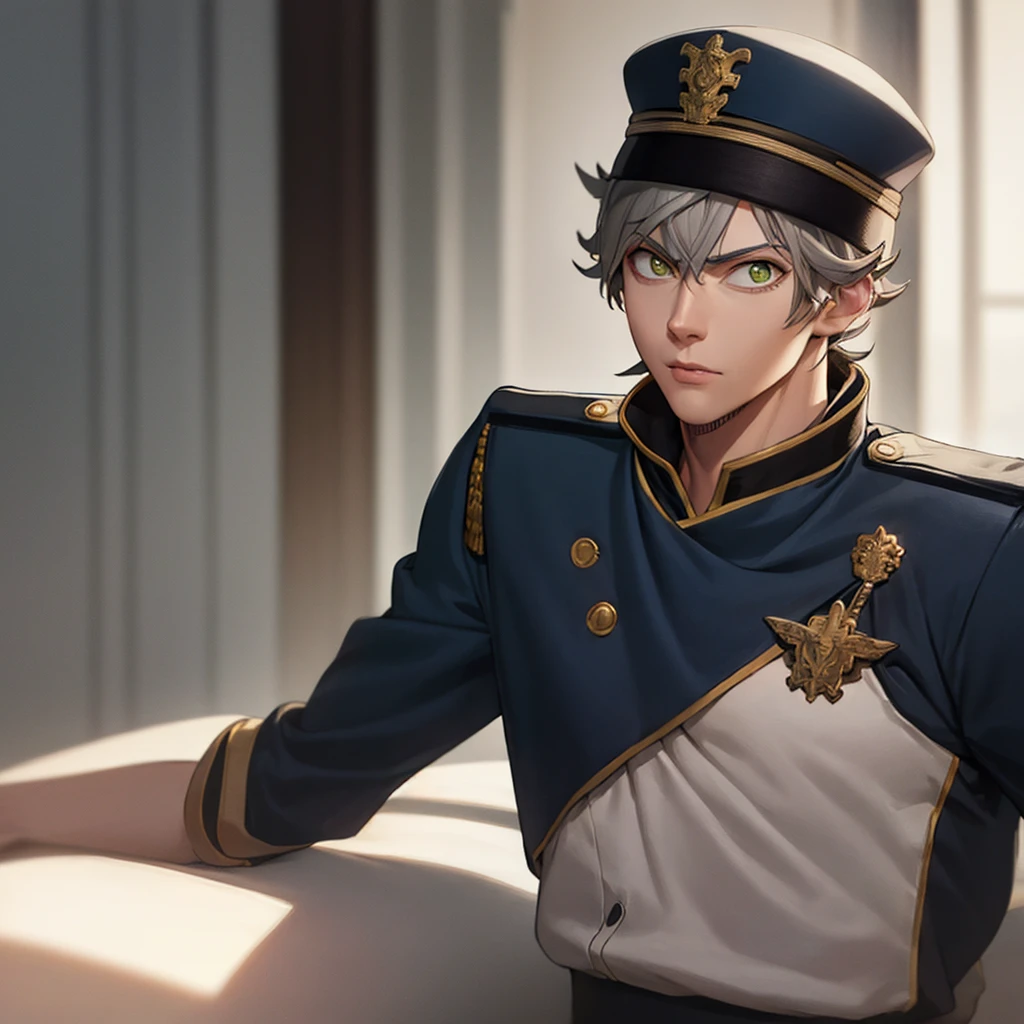 artwork, best quality, high quality, 1 boy, solo, male focus, looking at viewer, upper body, asta, green eyes, headband, gray hair, spiky hair,, artwork, very realistic, unreasonable, tall, highly detailed, HDR, masterpiece, highly detailed face and eyes, solo, , male, handsome,, Strong body, tall, Handsome face, still youthful, like a Korean artist, wearing a uniform the policeman, his facial expression flat, was leaning against a car, his body was tall, stocky, muscular, upright and dashing,