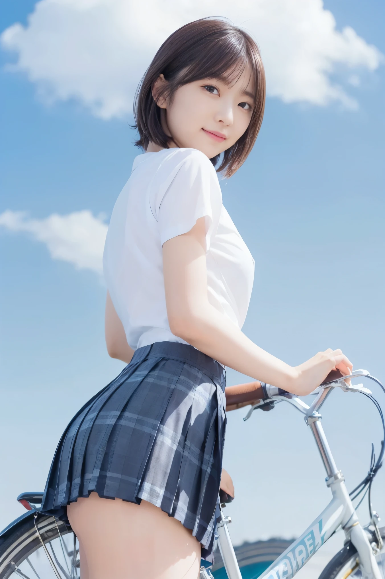 (Straddling the bicycle saddle、Japanese high school girl waiting at a traffic light)、Short sleeve white shirt、Hands on the wheel、Her bra is visible from the cuffs of her short sleeves、Plaid mini pleated skirt、Dark brown bob hair、Medium Hair、Straight hair、smile、Stretching his legs out on the curb、Her long, slender legs are beautiful、Well-proportioned physique,、Wear loafers、A gentle breeze blows and flips my skirt、((I can see your cotton panties.))、Back view at the intersection、(((Angle from below)))、Beautiful blue sky and white clouds、(Highest quality, masterpiece, High resolution)、8k、wallpaper、Her short skirt is rolled up, exposing her panties