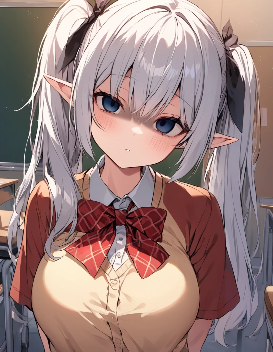 masterpiece,best quality,high resolution,1girl,solo,((yandere)),((school uniform)),(twintails),(silver hair),(light blue eyes),((elf)),(loli face and big boobs:1.2),(diminutive:1.3),((ftont-view)),((standing)),((arms behind back)),BREAK,(shaded face),(empty eyes),(head tilt:1.2),inside,classroom,evening