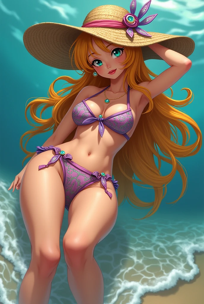 Beautiful dark magician gils in bikini. She is in the middle of the sea swimming.. blond hair. blue eyes. Red lips. naked .WET BODY. Sensual and playful pose.  His body is full of water. It&#39;s wet. she is swimming in the sea naked 
