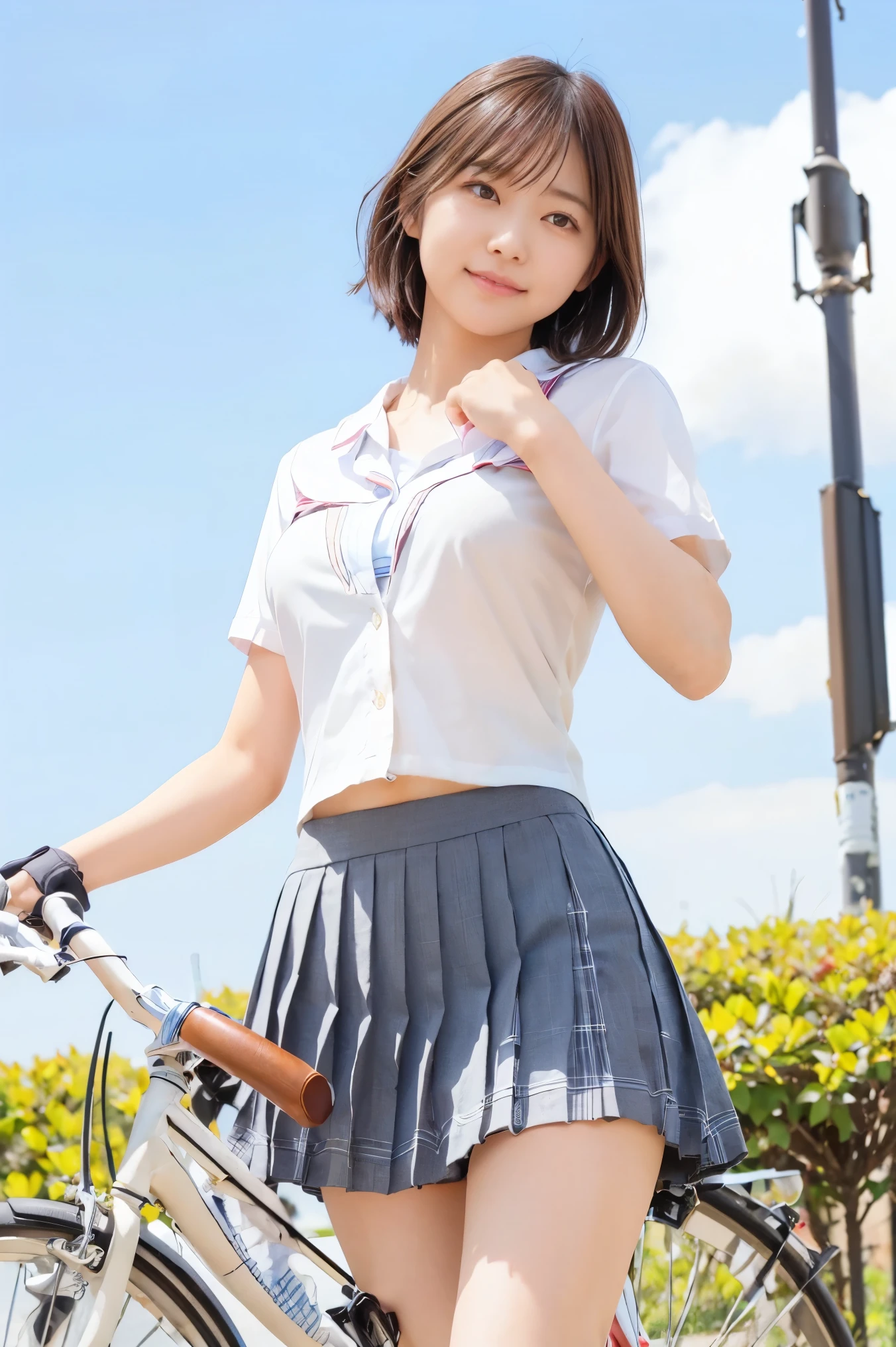 (Straddling the bicycle saddle、Japanese high school girl waiting at a traffic light)、Short sleeve white shirt、Hands on the wheel、Her bra is visible from the cuffs of her short sleeves、Plaid mini pleated skirt、Dark brown bob hair、Medium Hair、Straight hair、smile、Stretching his legs out on the curb、Her long, slender legs are beautiful、Well-proportioned physique,、Wear loafers、A gentle breeze blows and flips my skirt、((I can see your cotton panties.))、Back view at the intersection、(((Angle from below)))、Beautiful blue sky and white clouds、(Highest quality, masterpiece, High resolution)、8k、wallpaper、Her short skirt is rolled up, exposing her panties