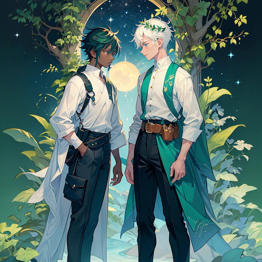 1 black man, short white hair, sky blue eyes. Gardener. Accessories. Leaves on the head, White sweater, sleeves at the elbows, cargo pants, belt with waist bag, putting on boots. Starry wings. Green branches with elongated leaves. Dark blue with green sparkles reminiscent of a starry night sky. detailed clothing. Starry forest. mystical atmosphere. peaceful and serene.