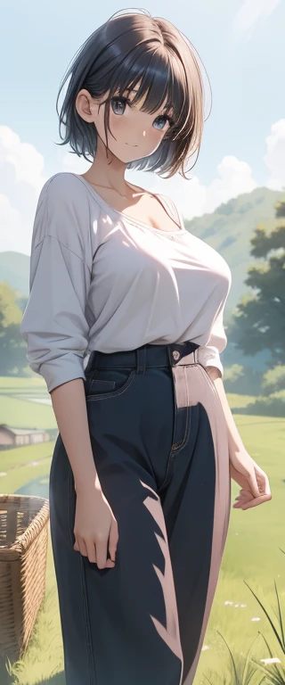 ((Realistic lighting、top-quality、8K、masterpiece:1.1))、Clear focus:1.2、1girl in、very plump belly:1.1、((dark brown hair))、(White navel T-shirt:1.4)、(outside of house、natta:1.1)、City Street、Fine eyes、二重まぶた、(Skinny jeans belly:1.5)