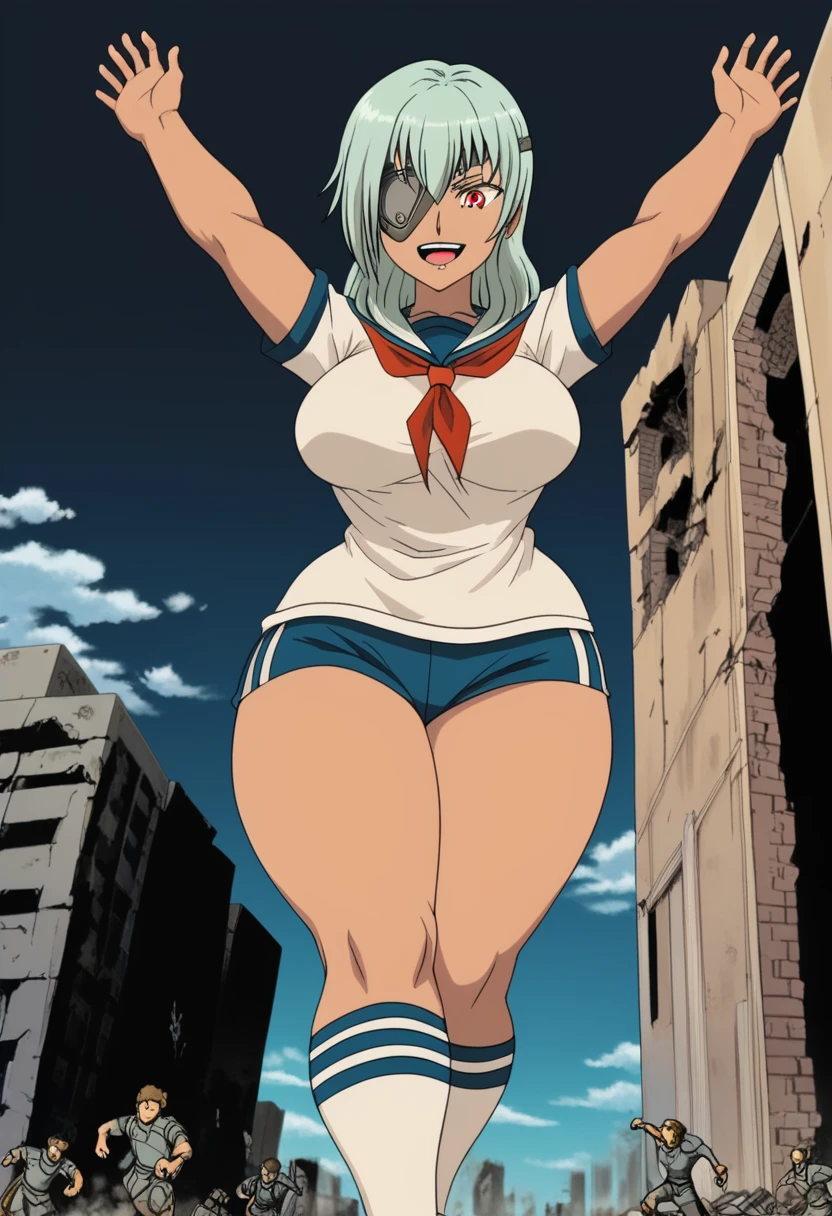 best quality, 8K, ultra-detailed, detailed face, detailed eyes, retro anime style, cartoon style, front view, dynamic effect, dynamic shot, 

athletic curvy physique, inverted body type, attractive feminine curves, big breasts, curvy legs and arms, feminine curvy figure, (thick thighs, thick calves, thick voluptuous legs, big curvy hip, bare knees), ((style of plump voluptuous body)), 

navy over-the-calf socks, navy track buruma, white sailor uniform, white short-sleeved sailor shirt, high socks, 
light blue long hair, red glowing eyes, one eye covered with eyepatch, 

1 beautiful giant woman, looking down with evil smile, smirk, (running, sprinting very fast, spread arms up behind back, chasing mini people around her feet), rampage, corrupted city, destroyed buildings, corrupted buildings, rolling rubble dust up, her foot crushing mini people on the ground, crushed mini people under her foot, scattered rubble around her feet, towering, overwhelming, terrible, stepping, footprints, destruction, ruins, looming,  drooling from open mouth, teeth, with tiny people, 

giga size, david, JK, 