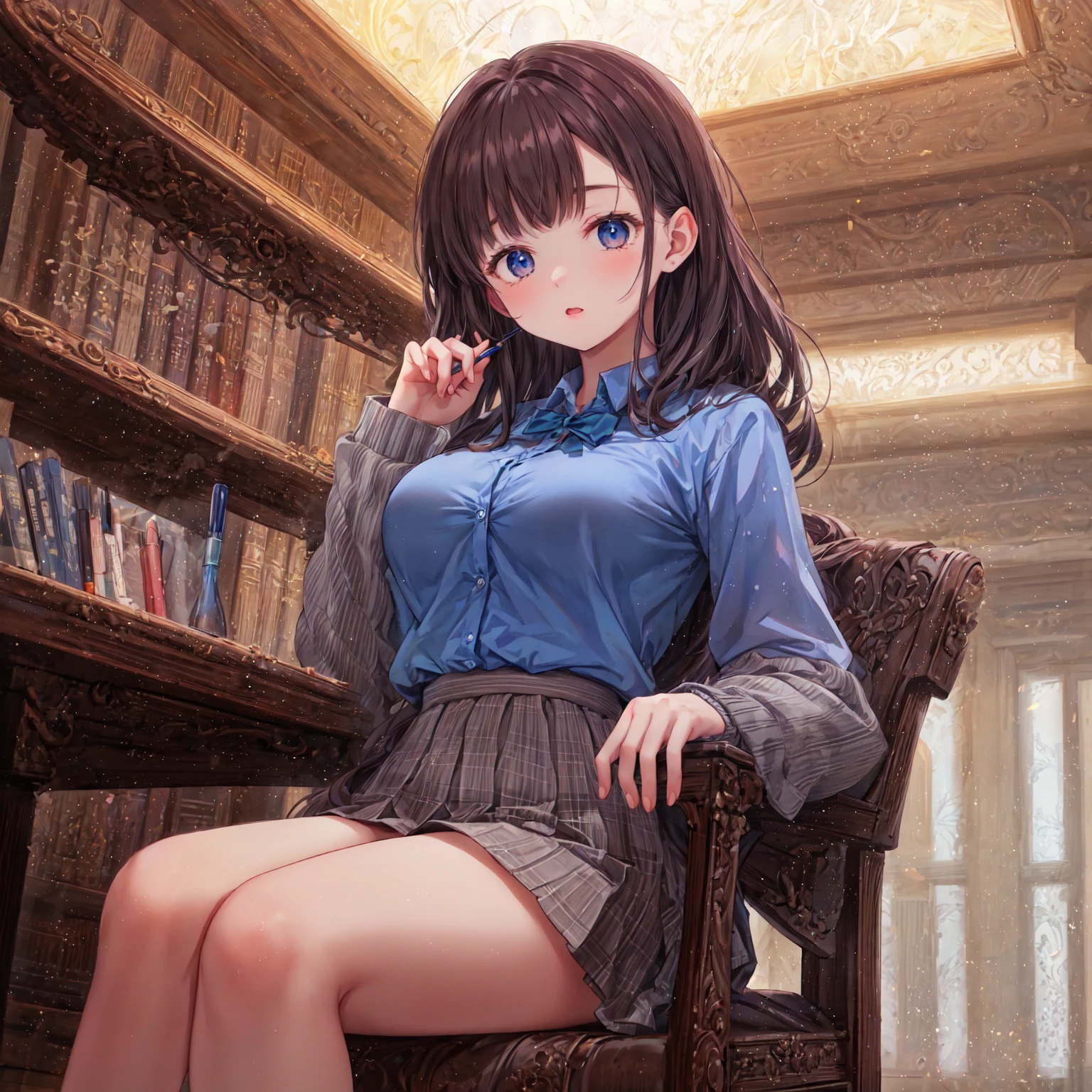 (Pencil Art:1.3),masterpiece, Highest quality,4K,super detailed skin,highly detailed background,ultra detailed blue eyes,archive,low-angle view,in a chair,holding a book,{{beautiful large-sized breasts1:4}},updo hair,choppy bangs,drop eyes,put your hand on your stomach,sleep,,light grey pleated skirt,blue shirts,cardigan,{{beautiful odd eye1:4}},Photoreal 1;4,high quality bra, top quality, cute girl, high quality background, 5 fingers