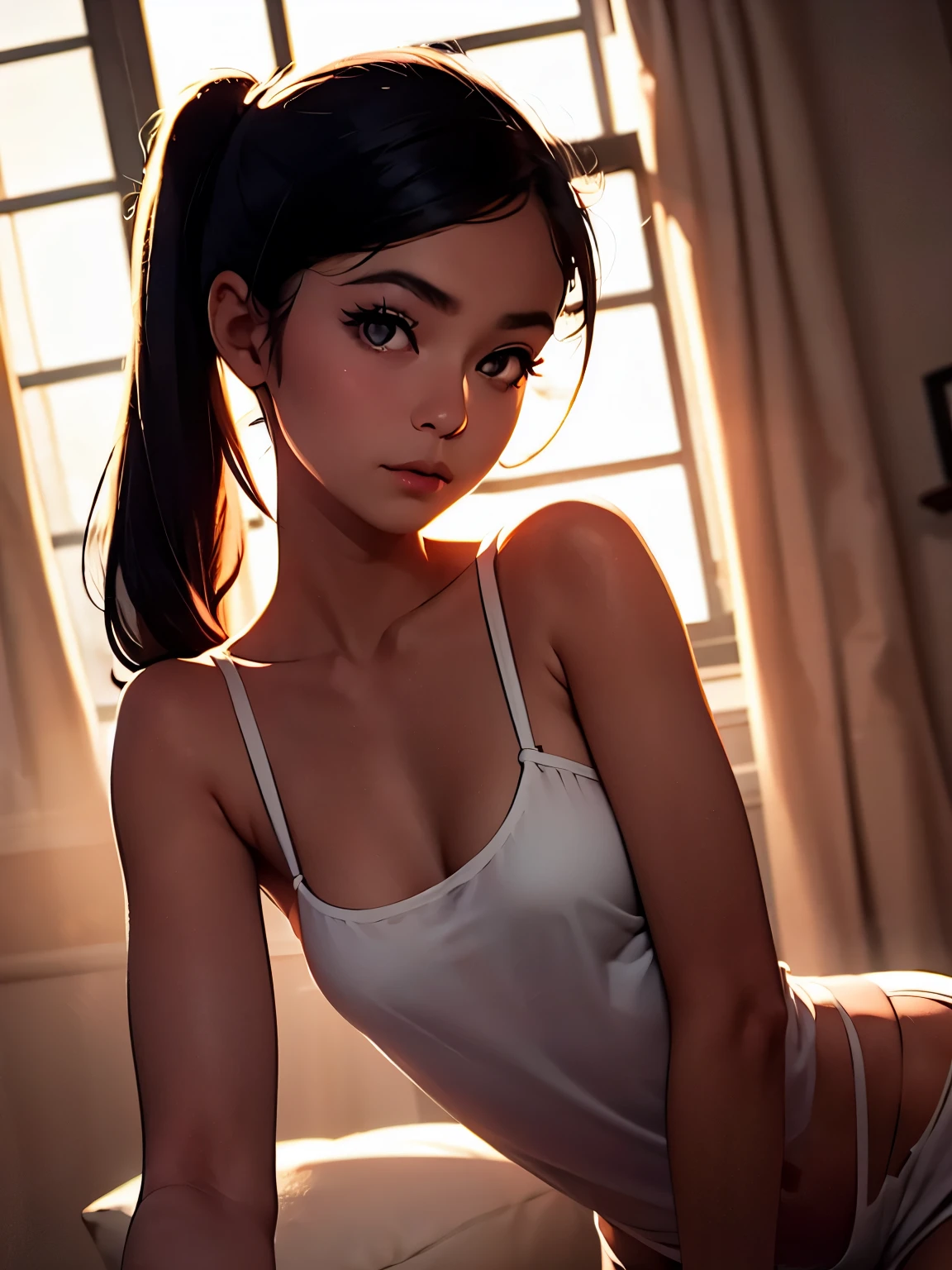 (A woman surrounded by the soft light of backlight), 1 female, alone, Black Hair, Dark Eyes, Twin tails, Modern, 