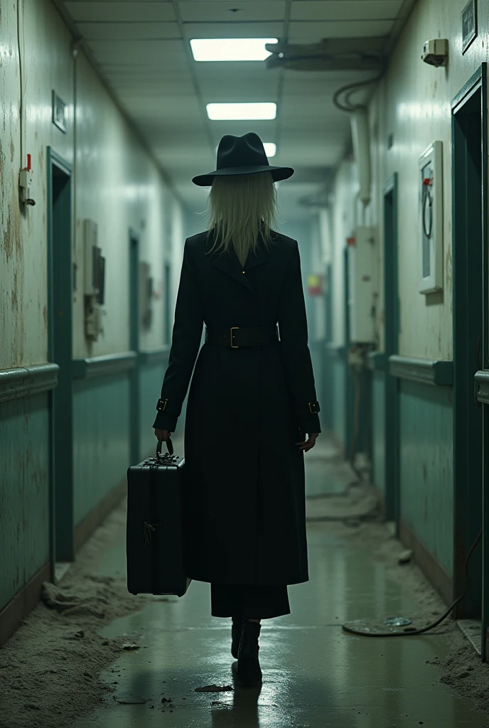(Under the cold fluorescent light, the human experiment room of the frightening research facility, filled with piles of human bones, was unexpectedly bright. The director of the research facility was a beautiful, intelligent femme fatale with short blonde hair and glasses, who looked seductive in her suit as she walked, trampling over the bones with her black stiletto heels.), profile, Character focus, From above, Dutch angle, staring at the viewer, evil seductive smile,